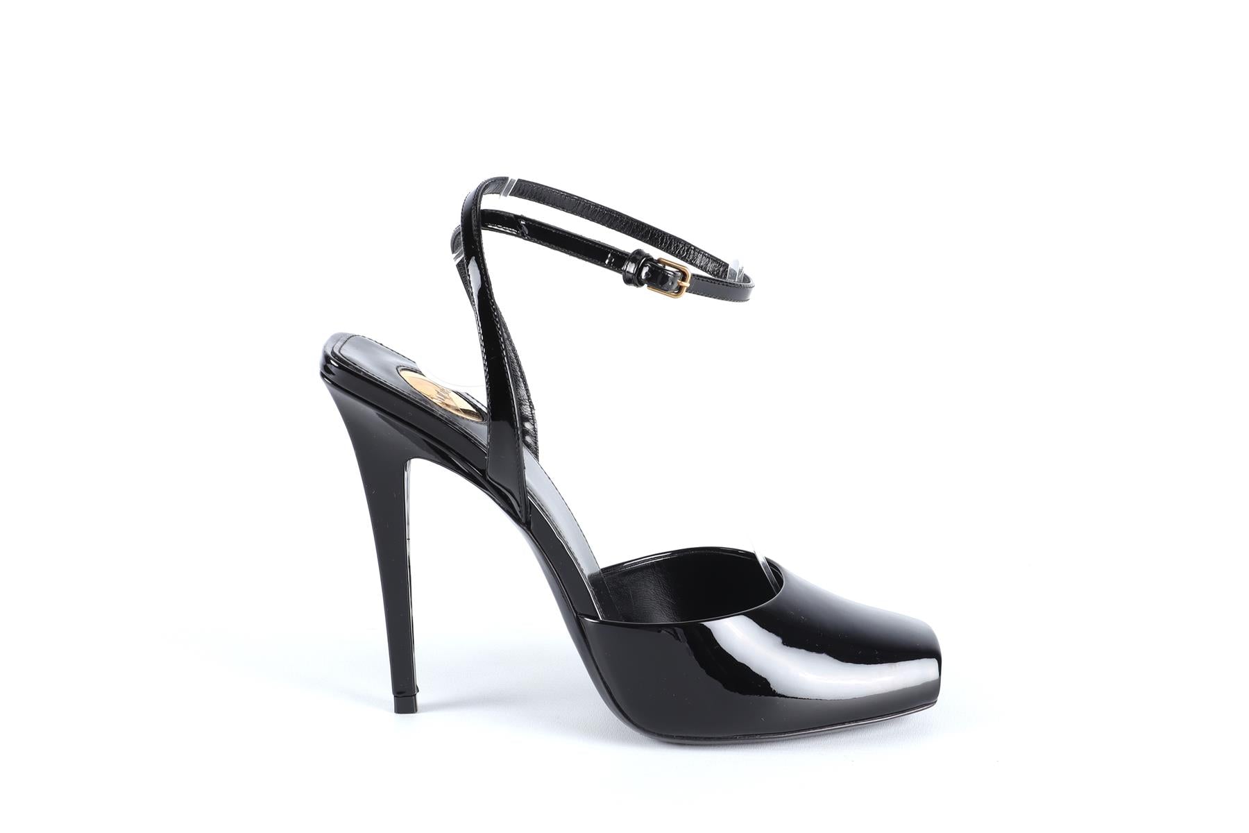 SAINT LAURENT BLACK LA SCANDALE PATENT LEATHER SANDALS EU 38.5 UK 5.5 US 8.5