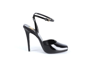 SAINT LAURENT BLACK LA SCANDALE PATENT LEATHER SANDALS EU 38.5 UK 5.5 US 8.5