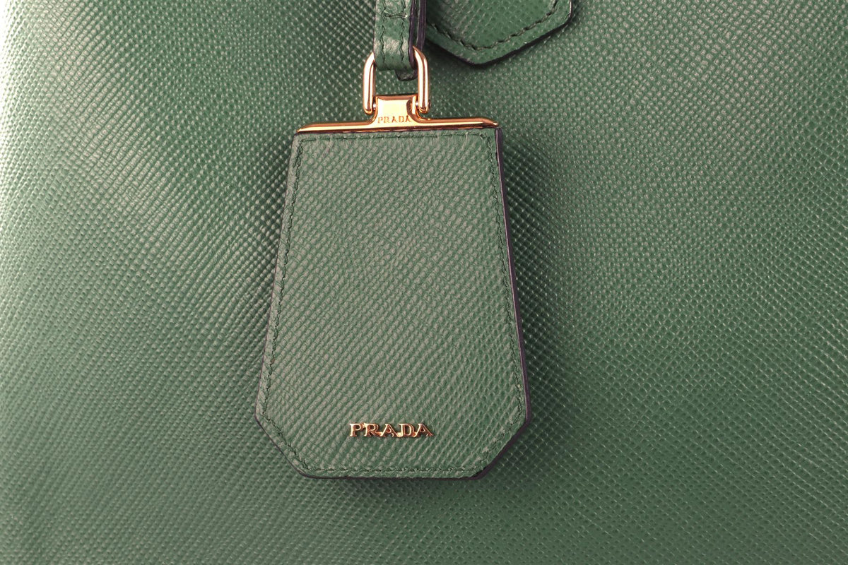 PRADA GREEN DOUBLE MEDIUM SAFFIANO LEATHER TOTE BAG