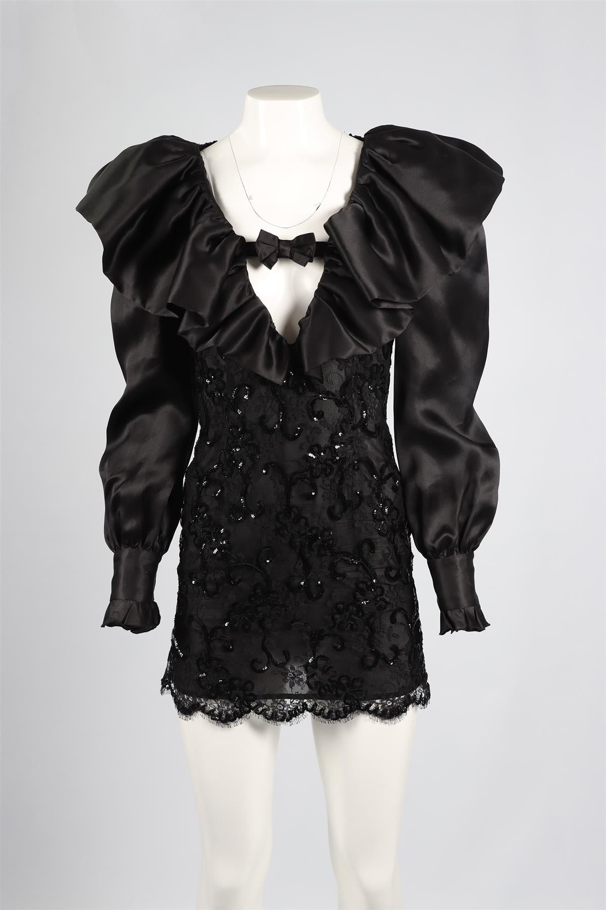 ALESSANDRA RICH BLACK LACE AND SILK MINI DRESS SMALL