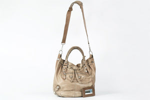 BALENCIAGA TAUPE GIANT 21 POMPON LEATHER BUCKET BAG