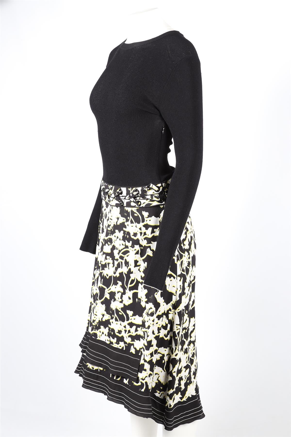 PROENZA SCHOULER BLACK, YELLOW AND WHITE KNIT AND SILK BLEND MAXI DRESS US 6 UK 10