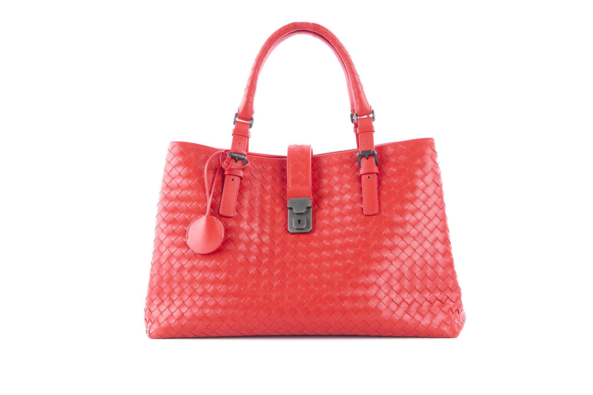 BOTTEGA VENETA RED ROMA LARGE INTRECCIATO LEATHER TOTE BAG
