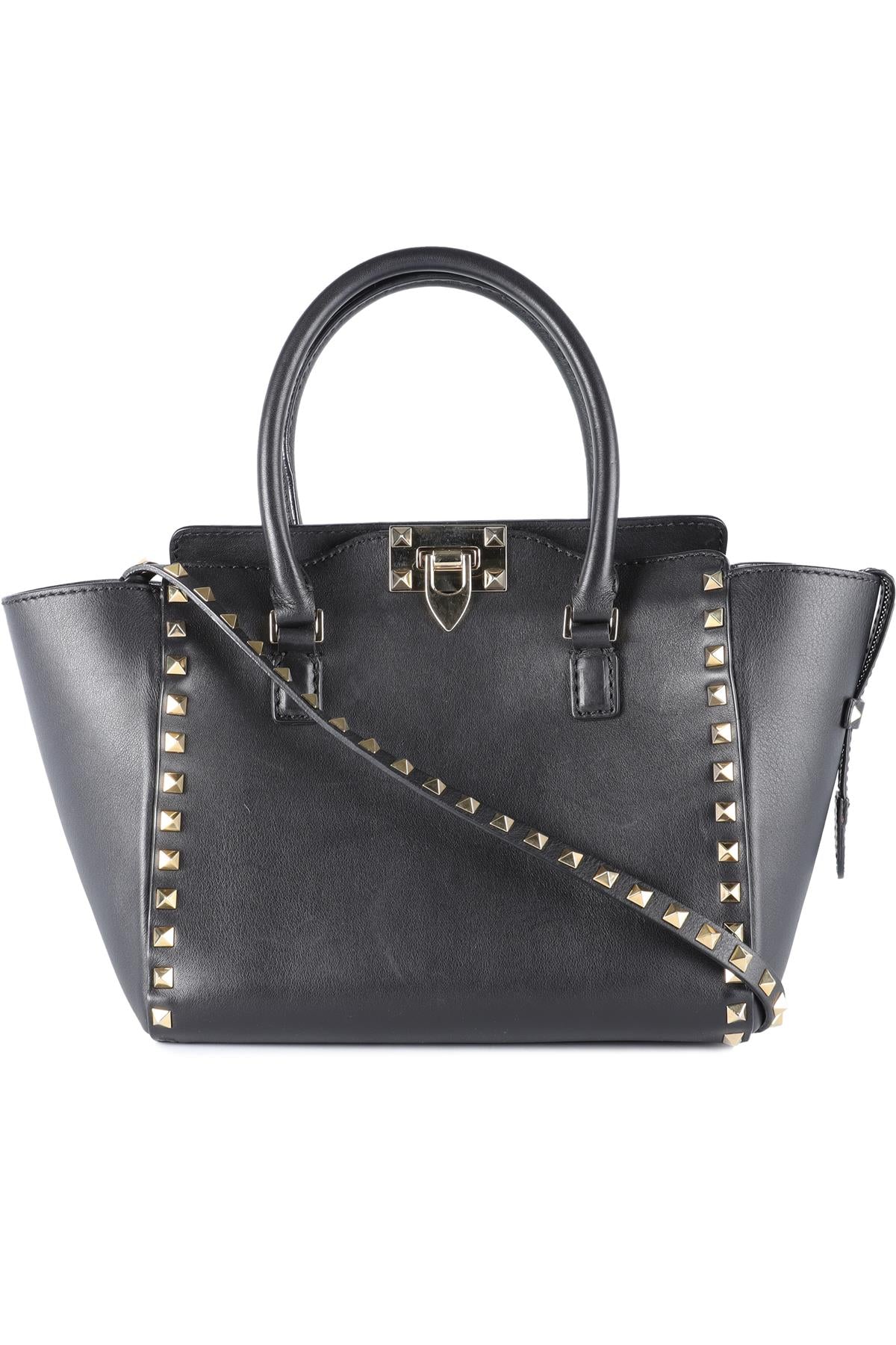 VALENTINO GARAVANI BLACK ROCKSTUD SMALL LEATHER TOTE BAG