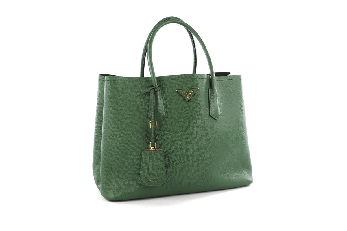 PRADA GREEN DOUBLE MEDIUM SAFFIANO LEATHER TOTE BAG