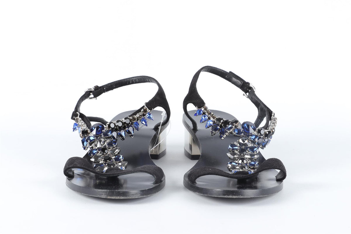 SALVATORE FERRAGAMO BLACK CRYSTAL AND SUEDE SANDALS EU 37.5 UK 4.5 US 7.5