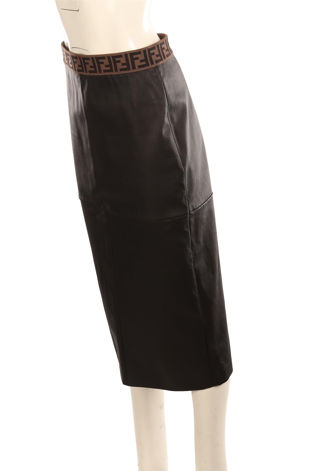 FENDI BLACK LEATHER MIDI SKIRT IT 44 UK 12