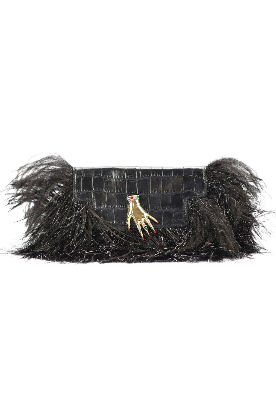 SONIA RYKIEL FEATHER TRIMMED CROC EFFECT LEATHER CLUTCH