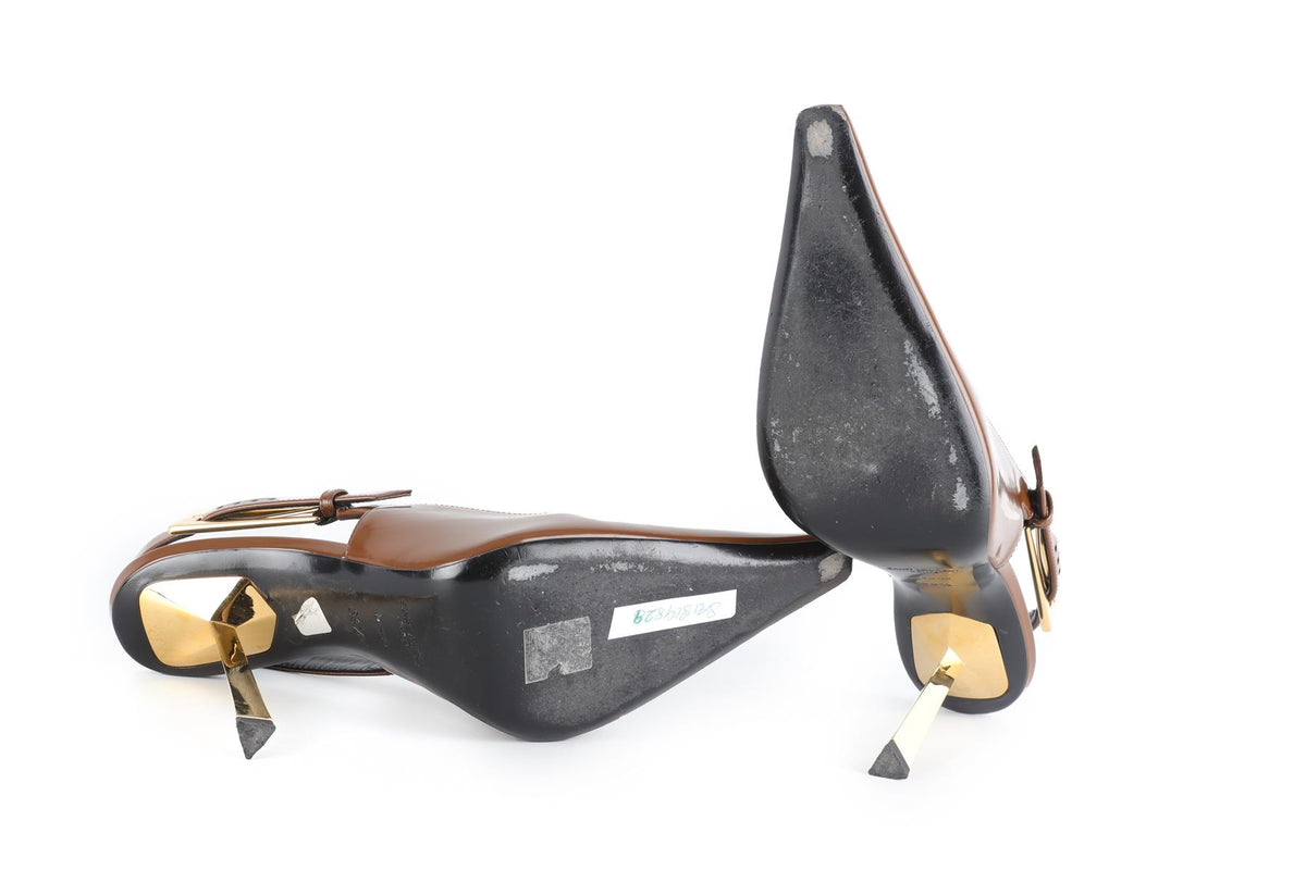 SAINT LAURENT BROWN LEATHER SLINGBACK PUMPS EU 39.5 UK 6.5 US 9.5