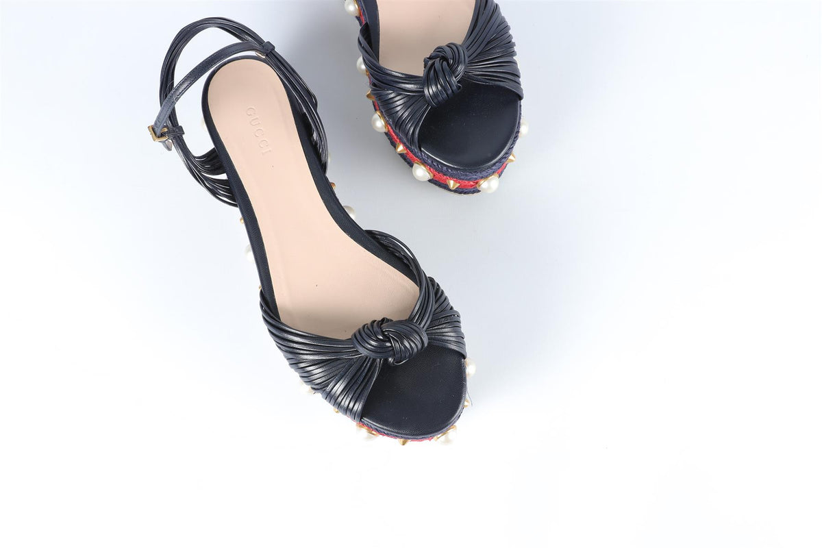 GUCCI NAVY LEATHER PLATFORM SANDALS EU 38.5 UK 5.5 US 8.5