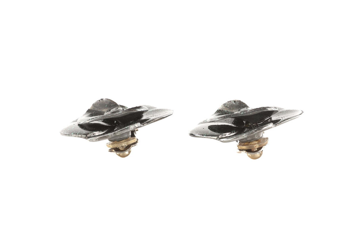 CHANEL GREEN 2001 CAMELIA CLIP EARRINGS