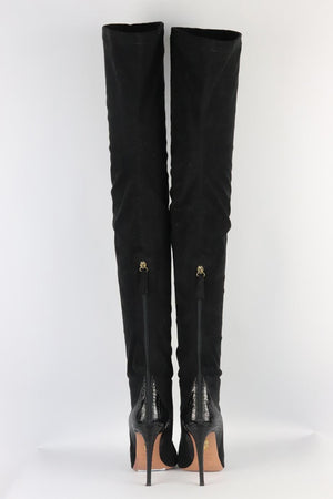 AQUAZZURA SNAKE EFFECT TRIMMED FAUX SUEDE OVER THE KNEE BOOTS EU 38 UK 5 US 8