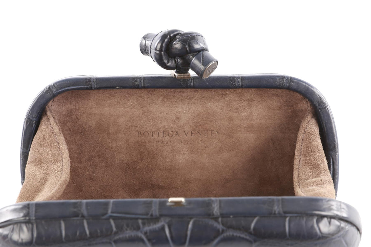 BOTTEGA VENETA NAVY KNOT CROCODILE CLUTCH