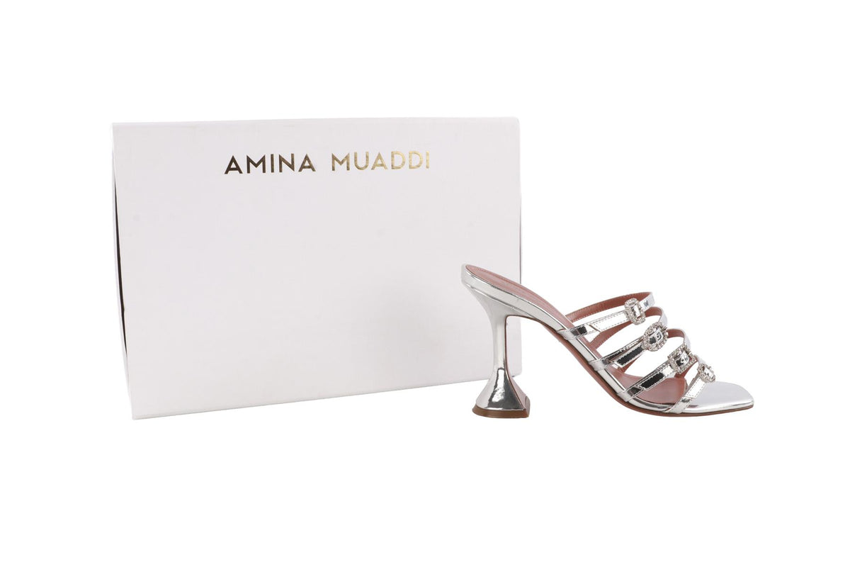 AMINA MUADDI SILVER PATENT LEATHER MULES EU 37 UK 4 US 7