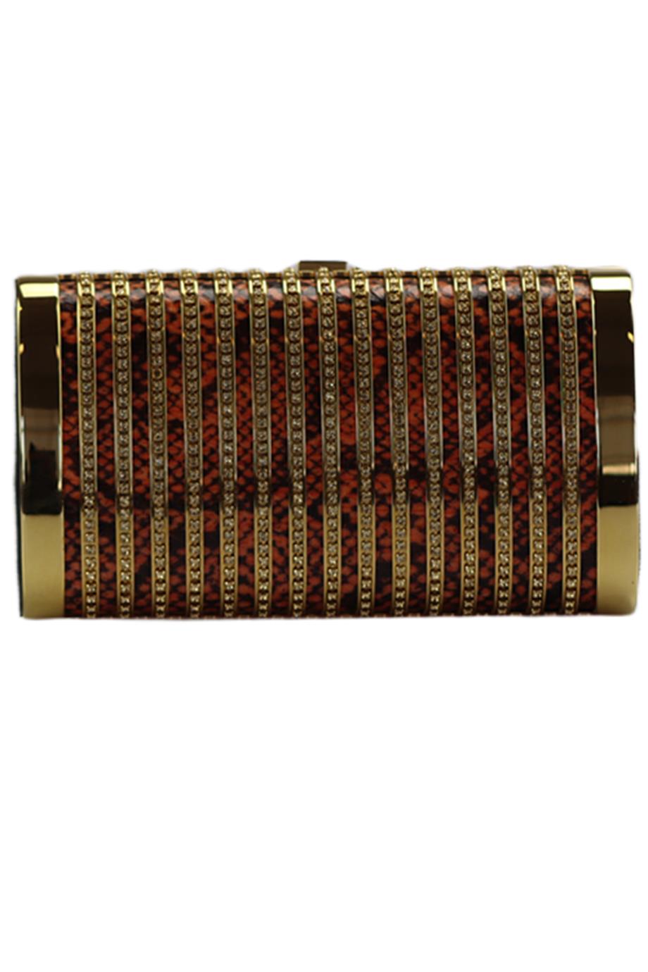 STARK CRYSTAL EMBELLISHED PYTHON AND GOLD TONE CLUTCH