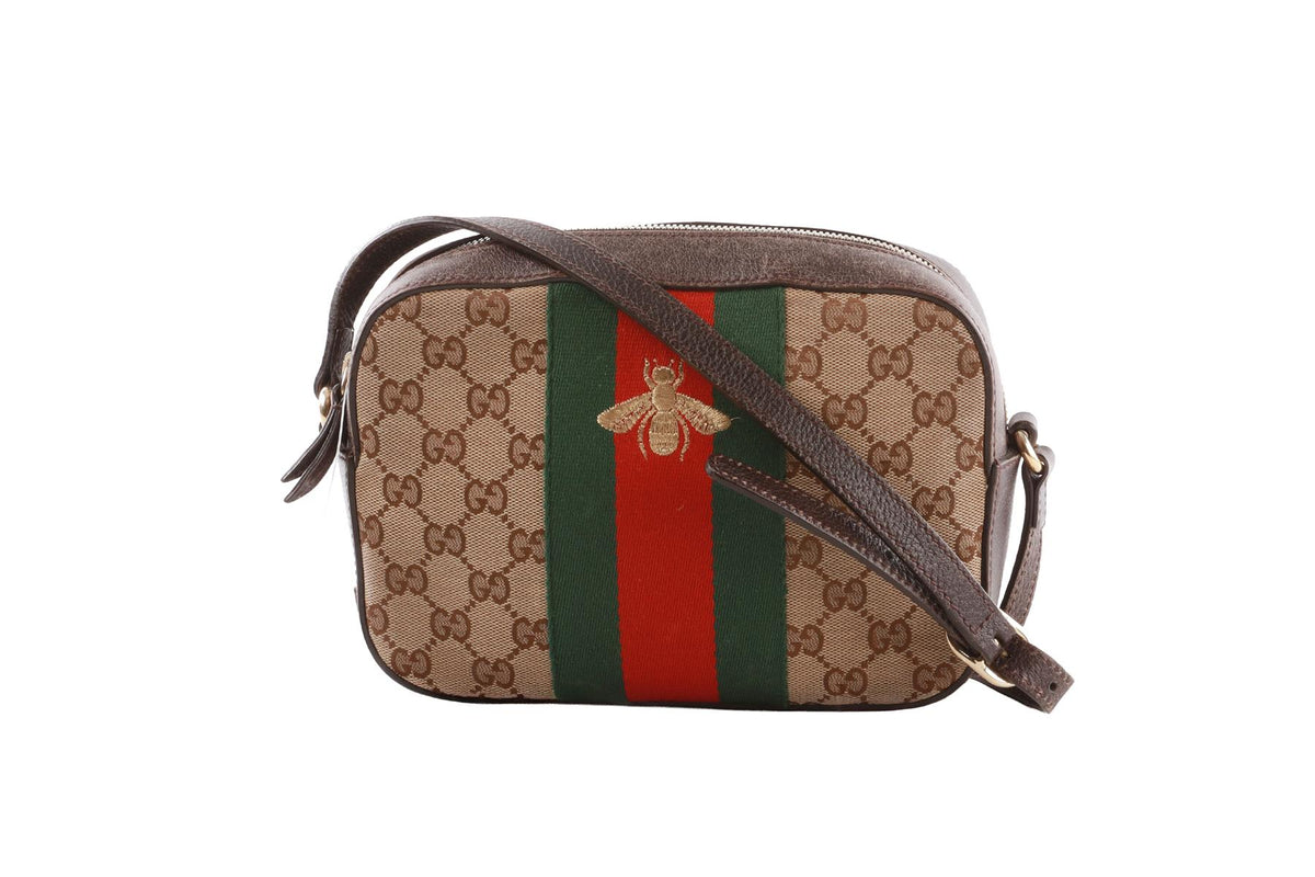 BROWN WEBBY BEE GG CANVAS SHOULDER BAG