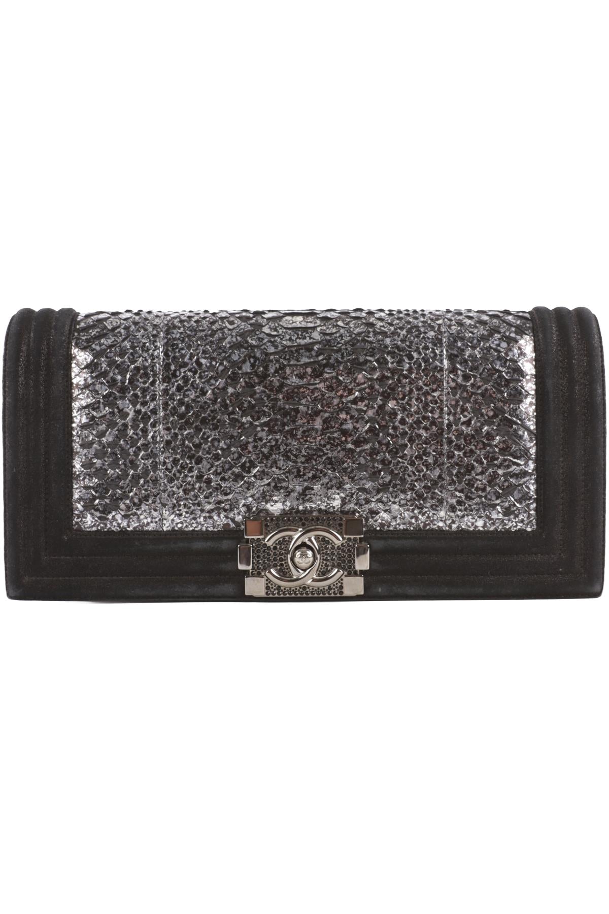 CHANEL BLACK 2014 BOY FLAP PYTHON AND NUBUCK CLUTCH