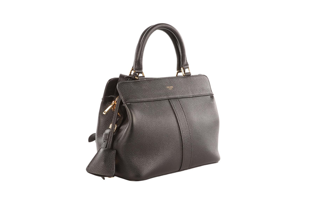 CELINE BLACK CABAS DE FRANCE SMALL LEATHER TOTE BAG