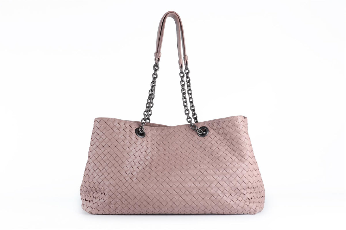 BOTTEGA VENETA PINK DOUBLE CHAIN MEDIUM INTRECCIATO LEATHER TOTE BAG