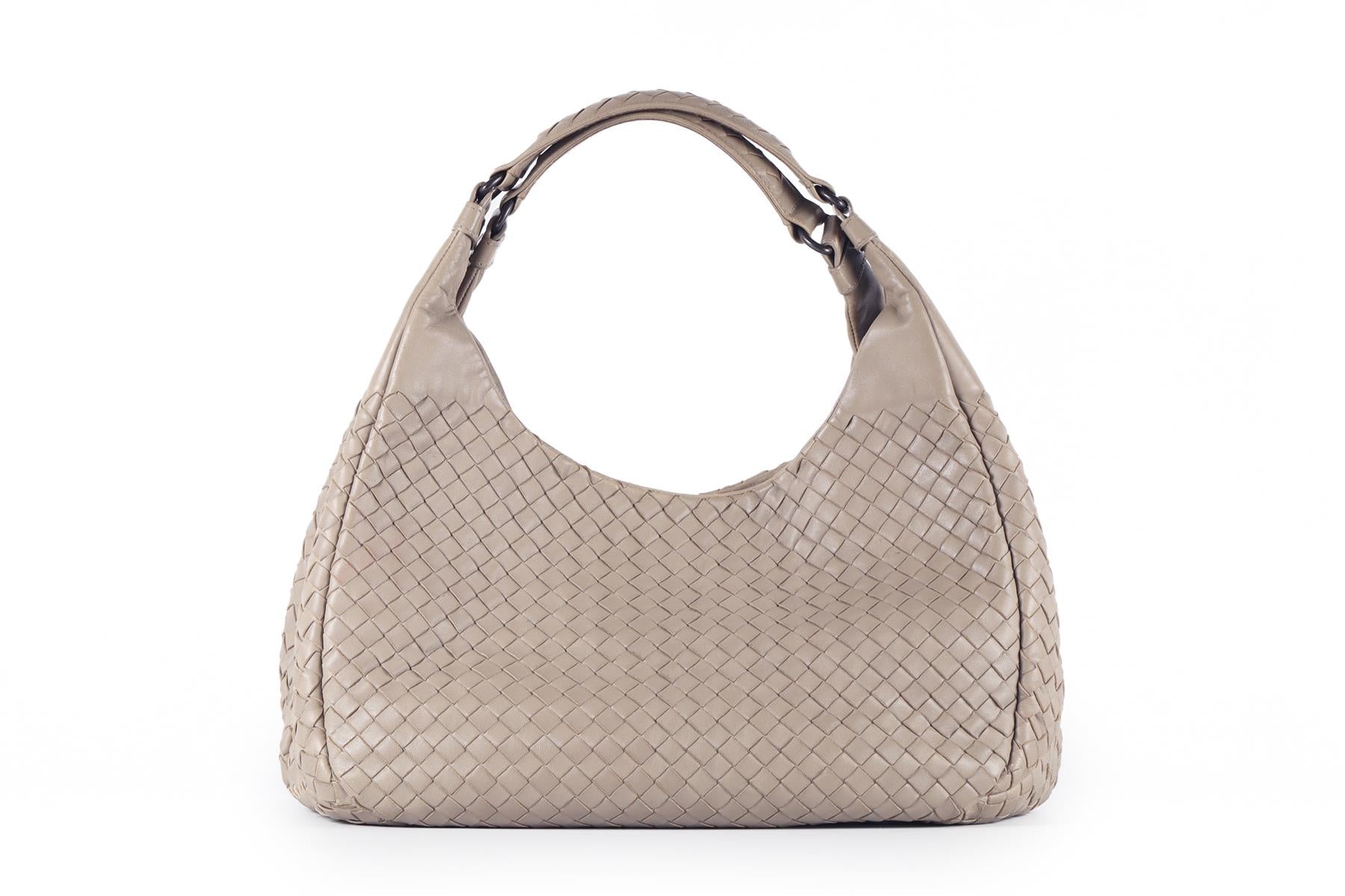 BOTTEGA VENETA GREY CAMPANA MEDIUM INTRECCIATO LEATHER SHOULDER BAG