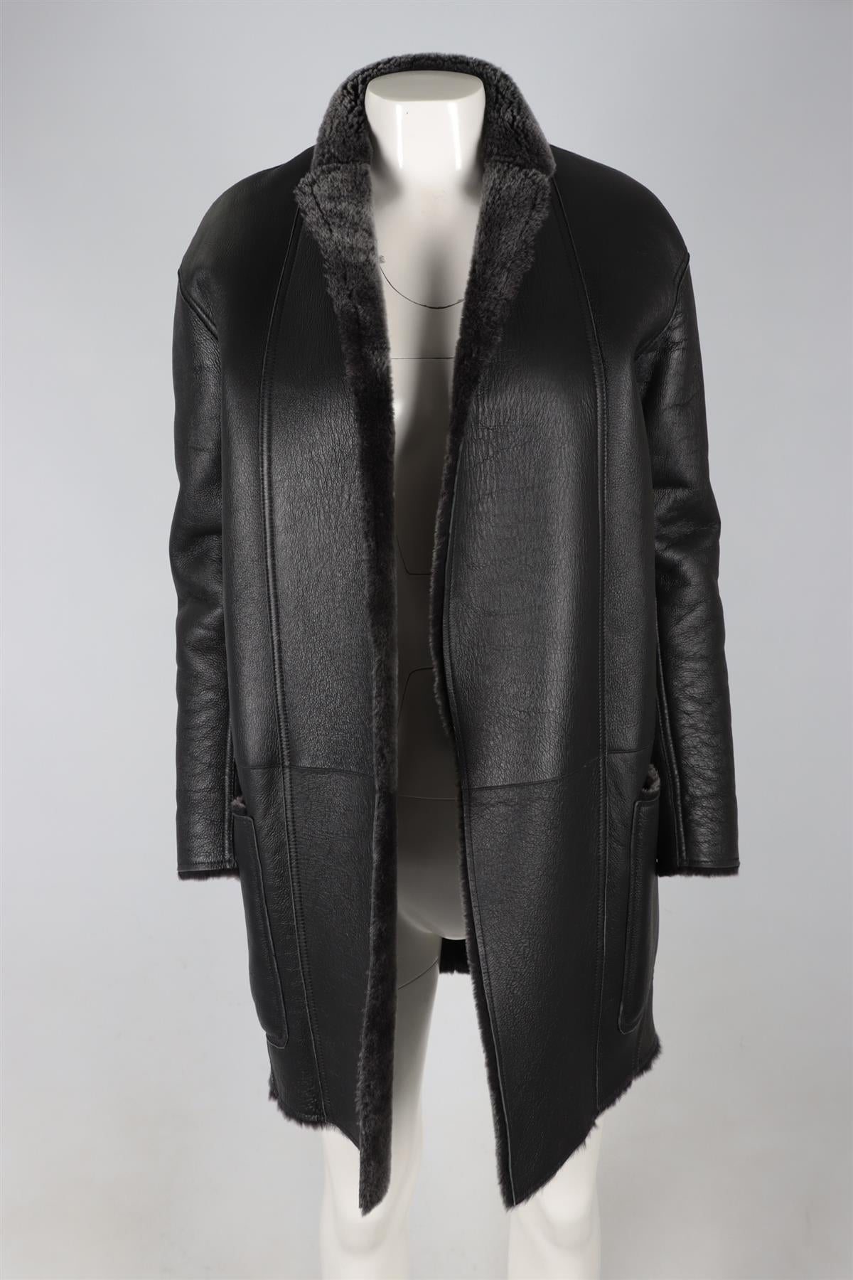 CELINE GREY SHEARLING AND LEATHER COAT FR 36 UK 8