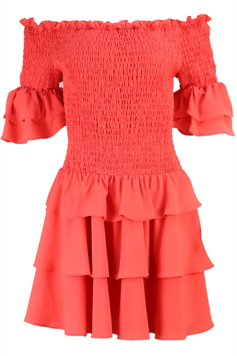 AQUA OFF THE SHOULDER SMOCKED TIERED CREPE MINI DRESS LARGE