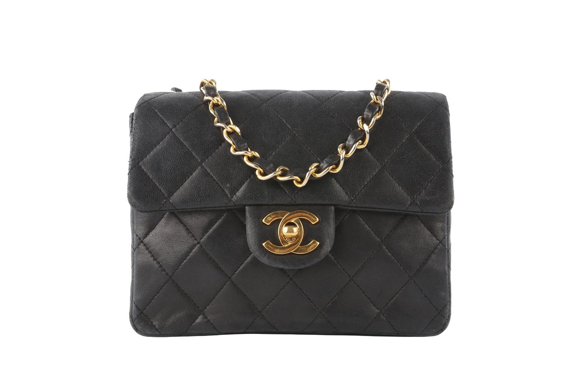 CHANEL BLACK 1986-1988 SQUARE MINI FLAP QUILTED LEATHER SHOULDER BAG