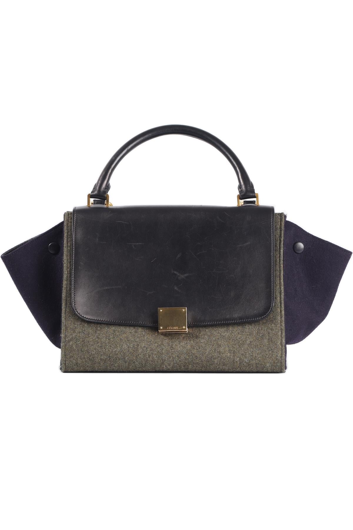 CELINE BLACK TRAPEZE SMALL FELT AND LEATHER TOTE BAG