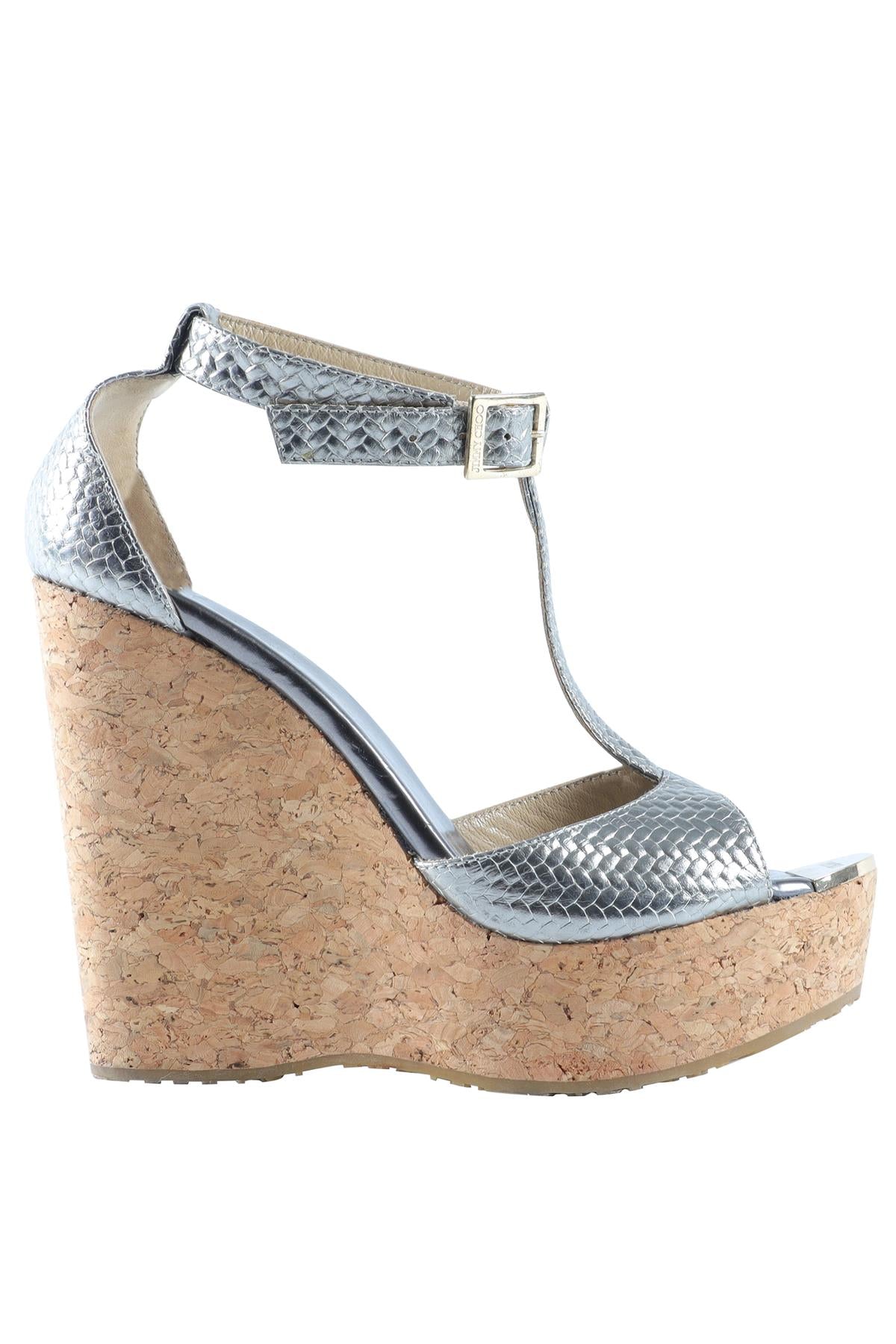 JIMMY CHOO SILVER LEATHER WEDGE SANDALS EU 38.5 UK 5.5 US 8.5