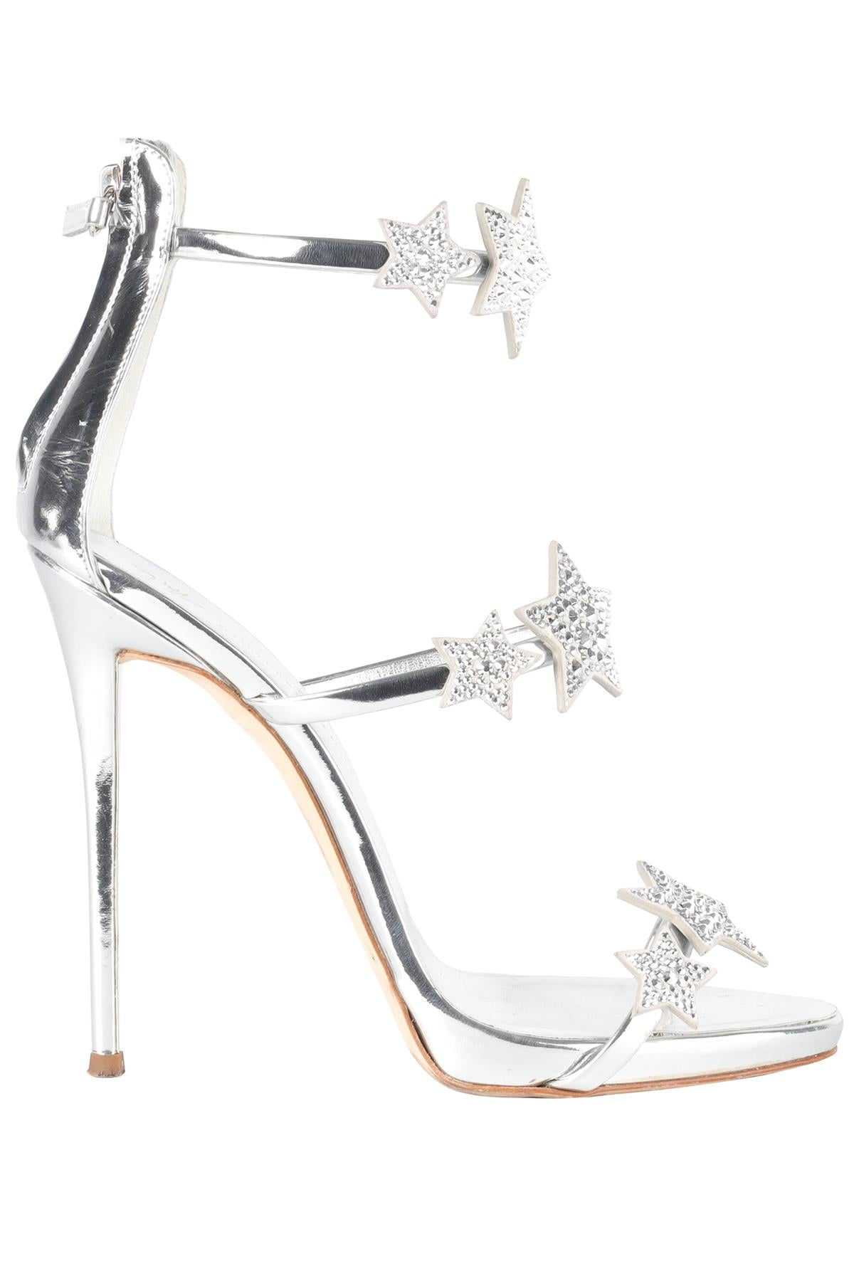 GIUSEPPE ZANOTTI SILVER CRYSTAL AND LEATHER SANDALS EU 39 UK 6 US 9