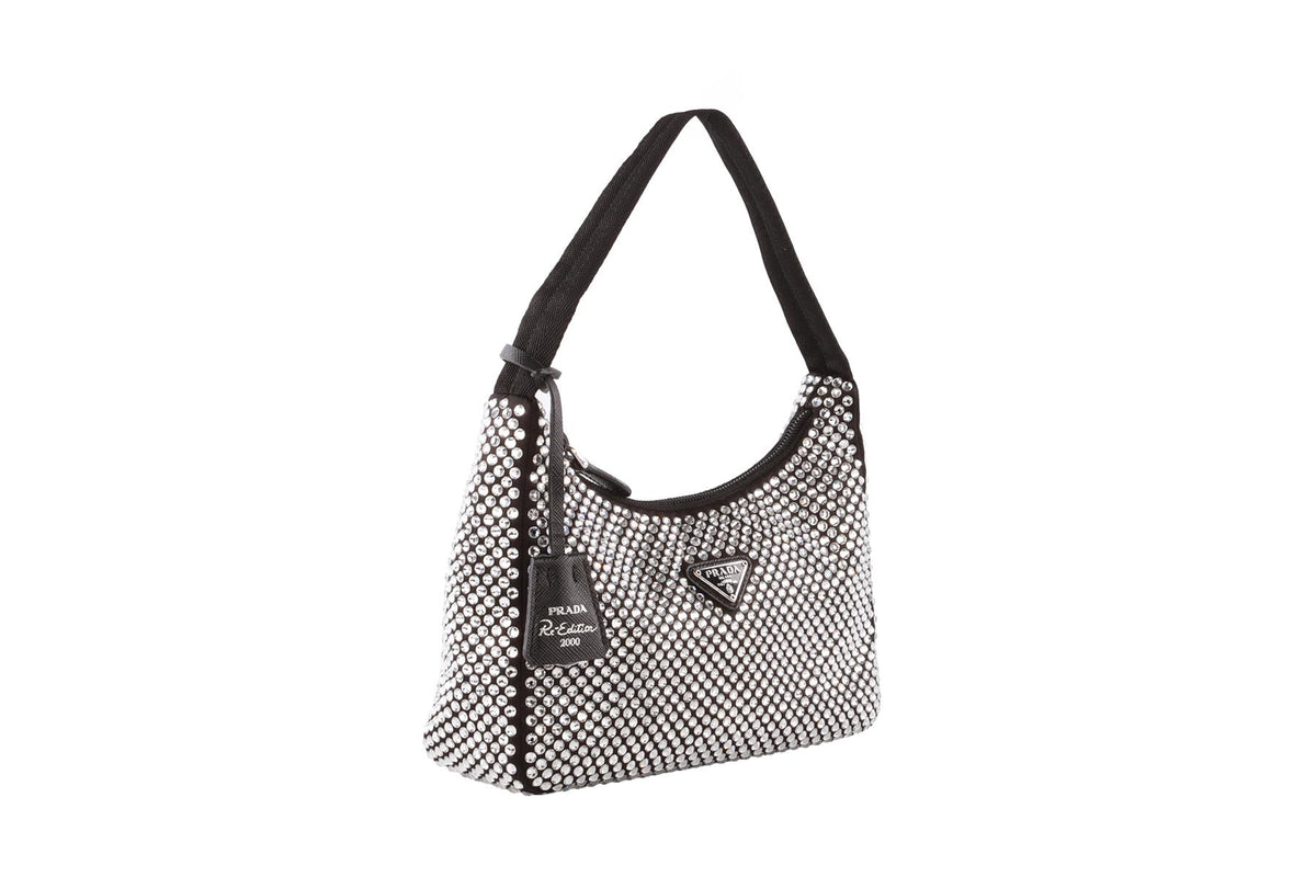 PRADA BLACK RE-EDITION 2000 CRYSTAL AND SATIN SHOULDER BAG
