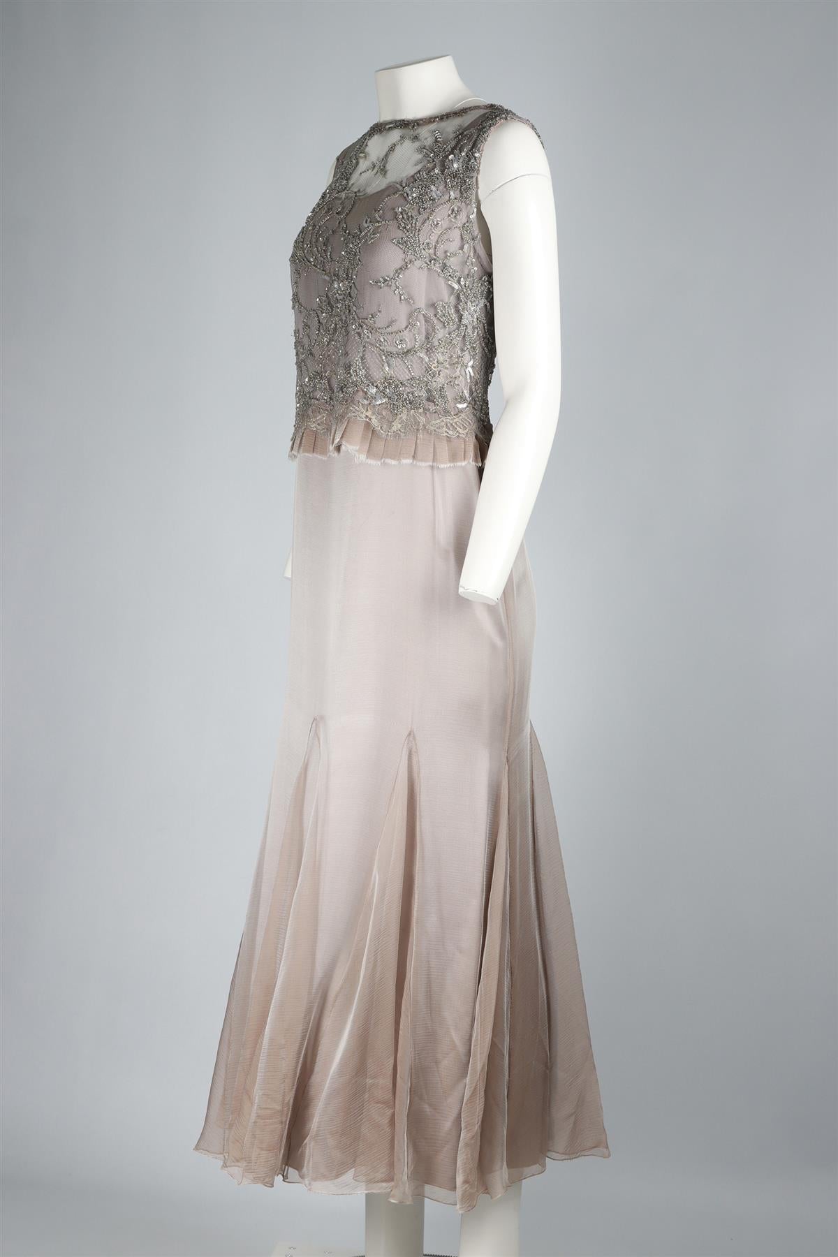 JACQUES AZAGURY NUDE CRYSTAL AND SILK MIDI DRESS