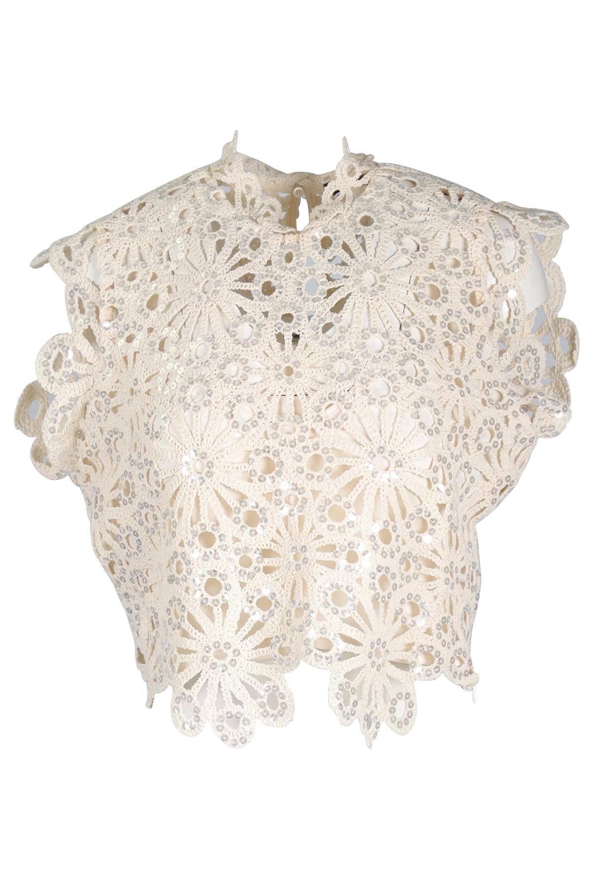 MAJE CREAM SEQUIN AND CROCHET TOP UK 10