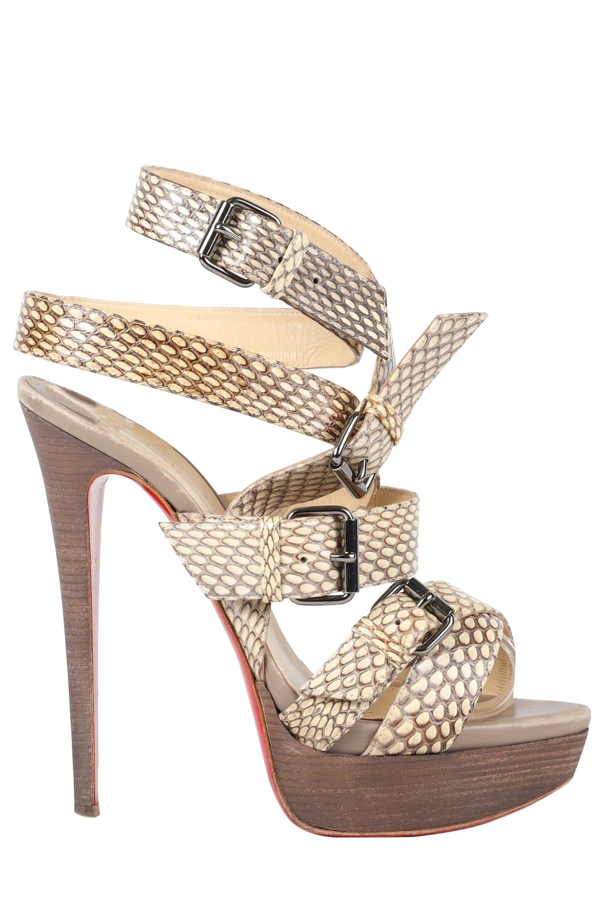 CHRISTIAN LOUBOUTIN TAUPE SNAKESKIN PLATFORM SANDALS EU 38 UK 5 US 8