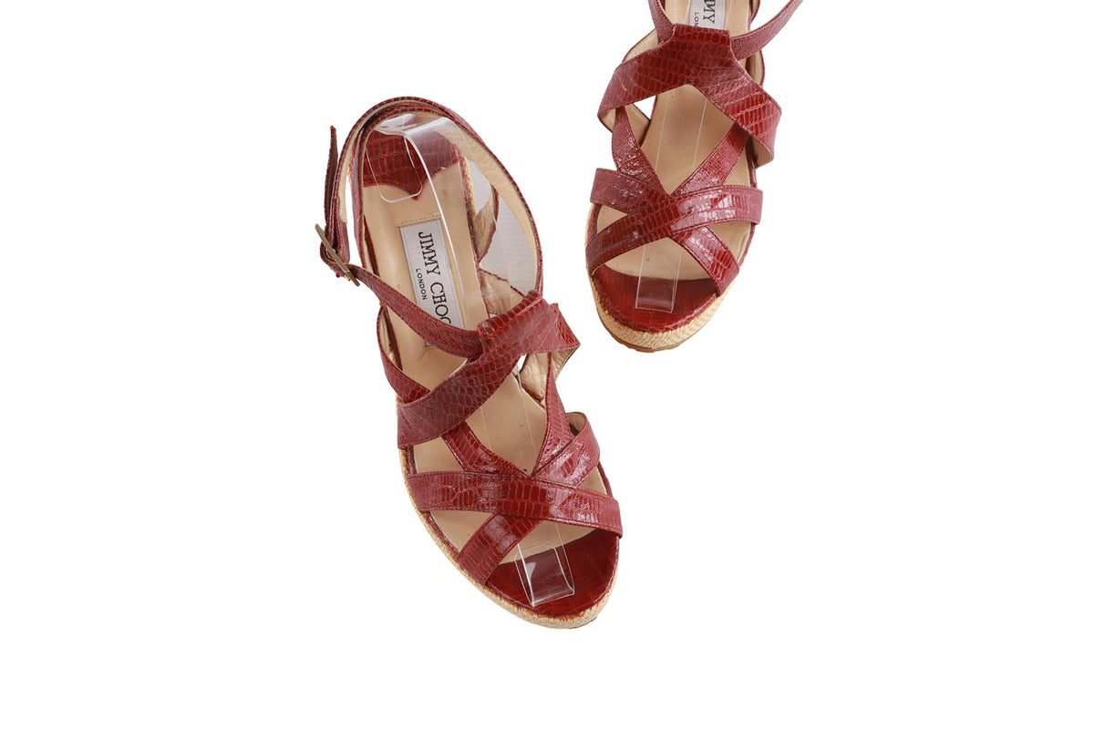 JIMMY CHOO RED LEATHER WEDGE SANDALS EU 40.5 UK 7.5 US 10.5
