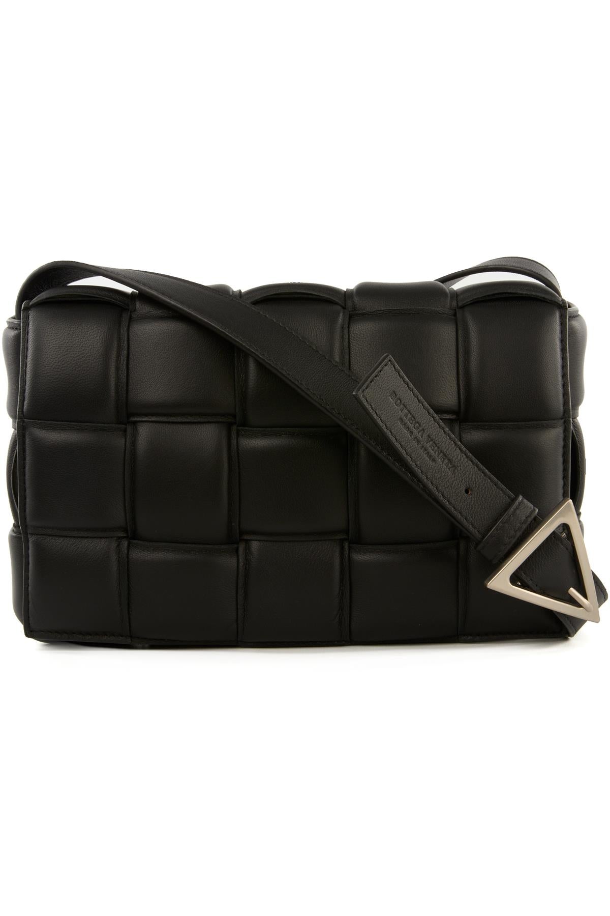 BOTTEGA VENETA BLACK CASSETTE MEDIUM PADDED INTRECCIATO LEATHER SHOULDER BAG