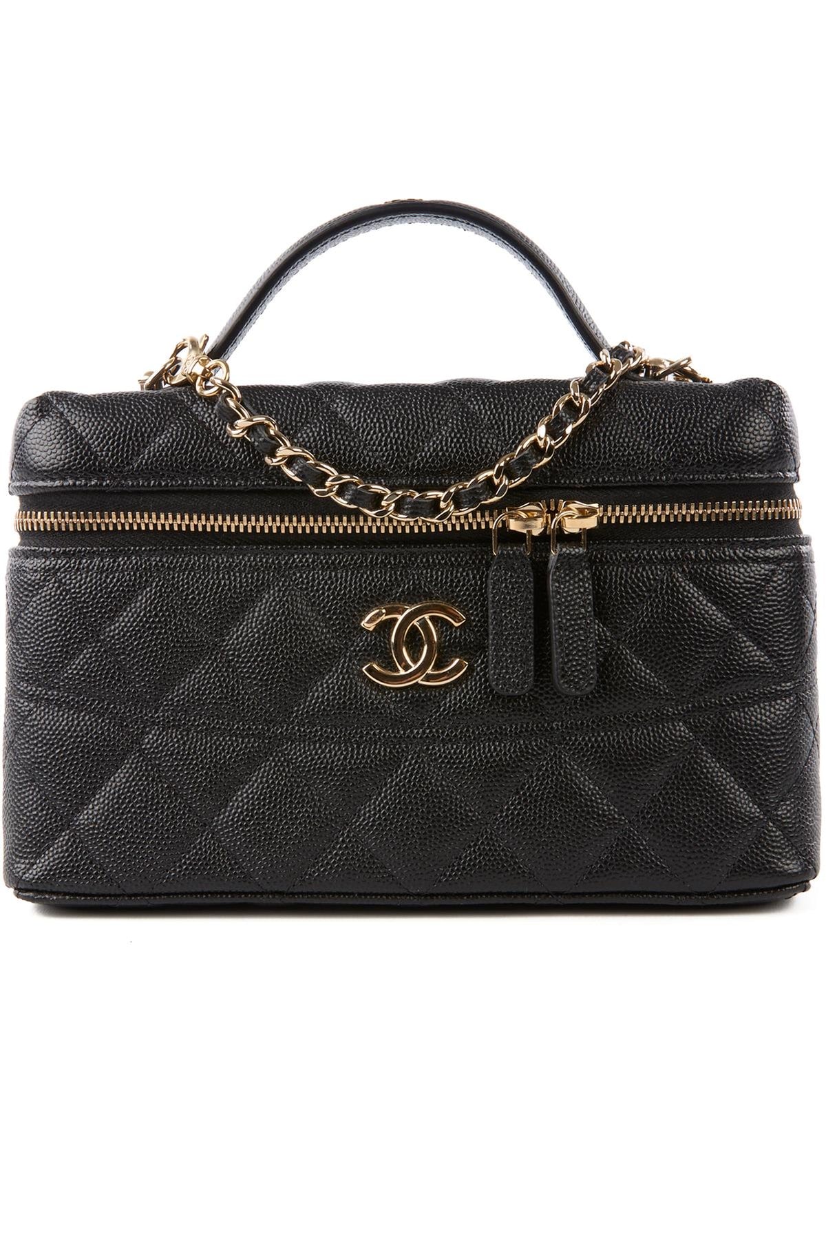 CHANEL BLACK 2025 VANITY CASE WITH CHAIN QUILTED CAVIAR LEATHER SHOULDER BAG