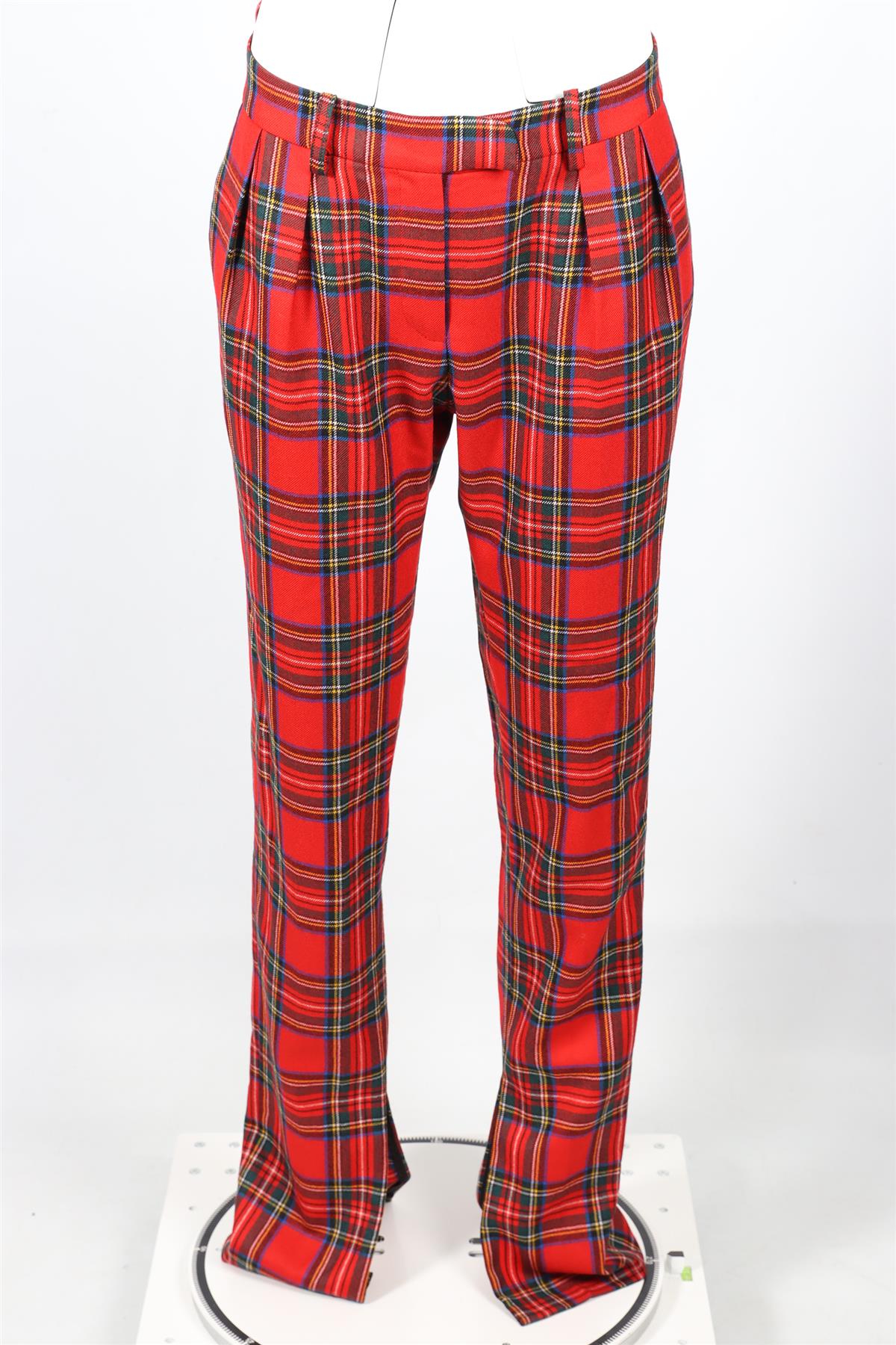PREEN BY THORNTON BREGAZZI RED CHECKED SILK BLEND STRAIGHT LEG PANTS XSMALL
