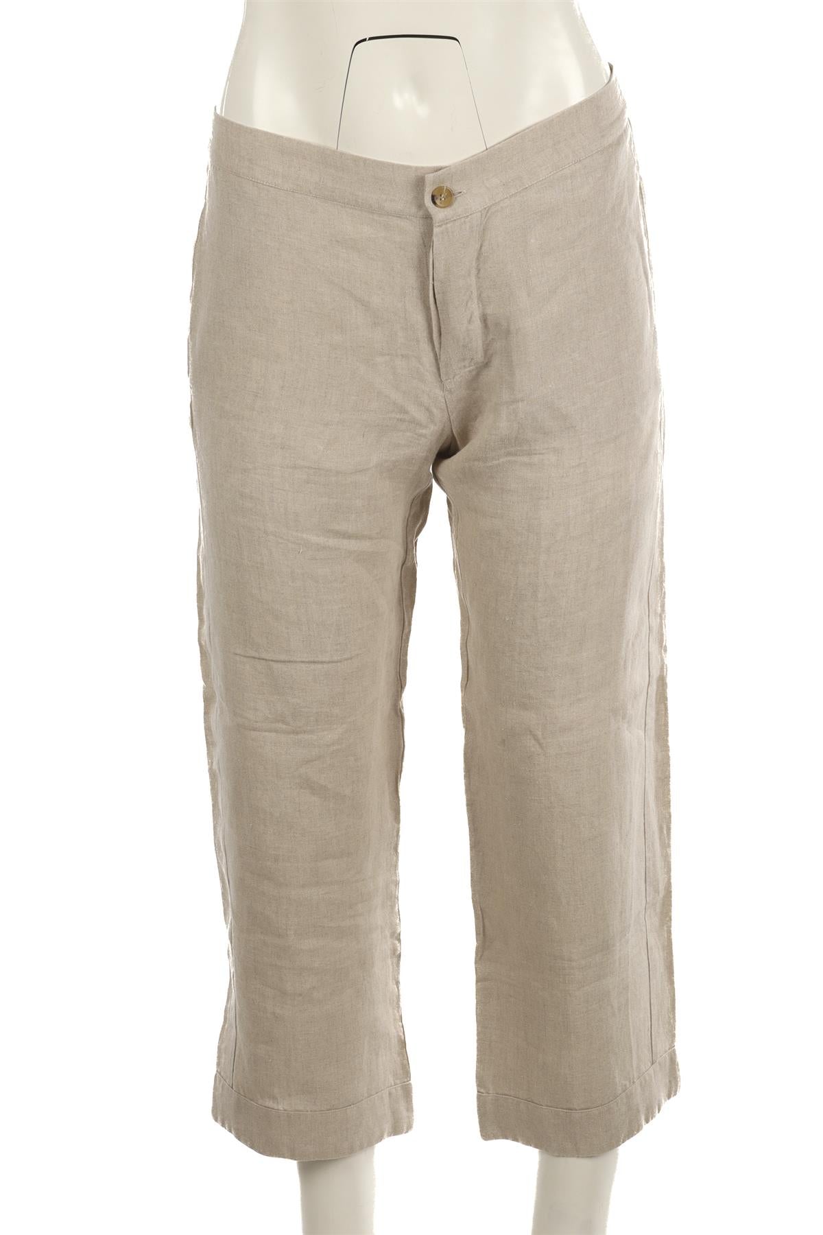ASCENO BEIGE LINEN STRAIGHT LEG PANTS SMALL