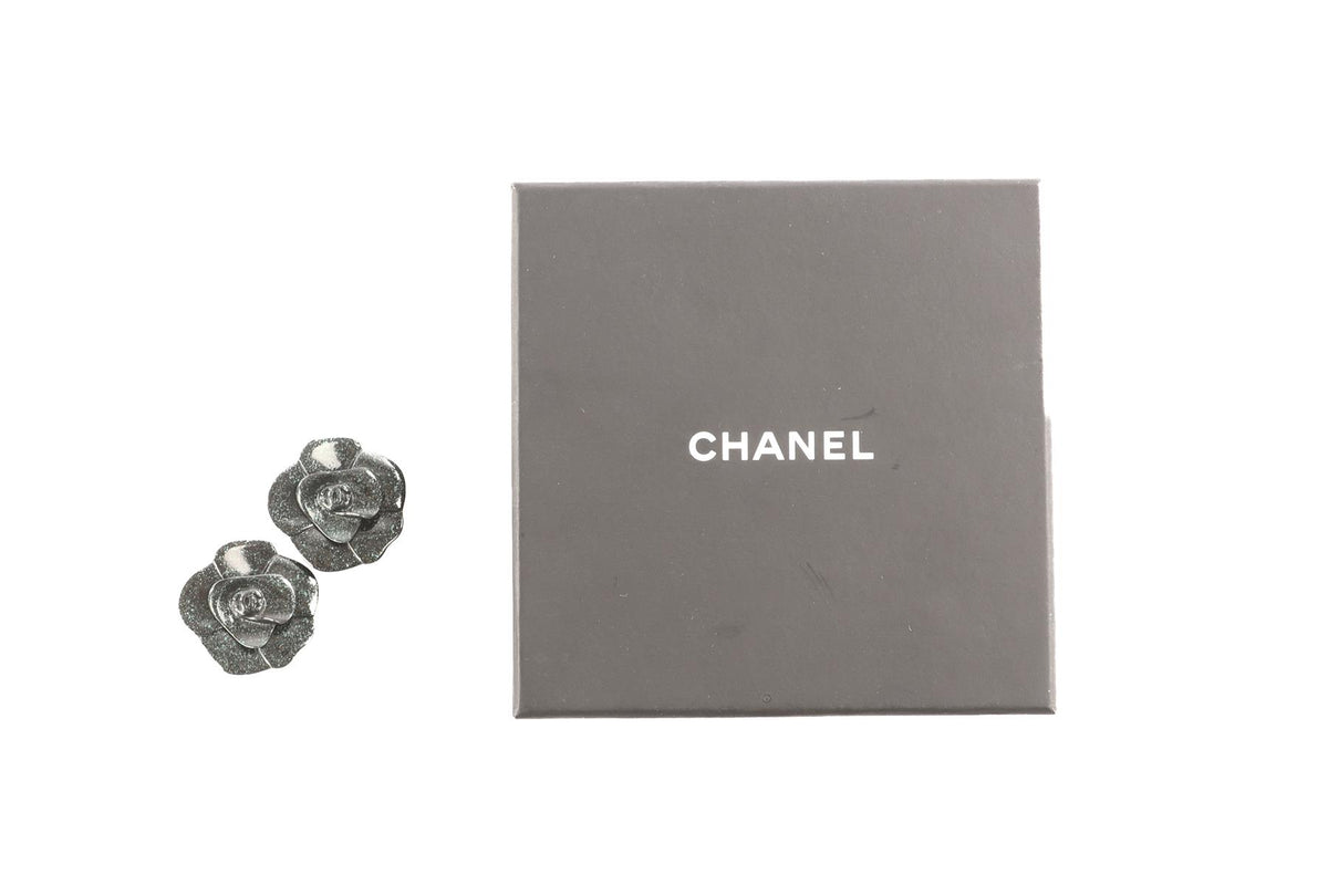 CHANEL GREEN 2001 CAMELIA CLIP EARRINGS