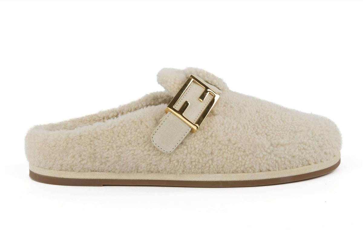 FENDI CREAM FFEEL SHEARLING MULES EU 38 UK 5 US 8