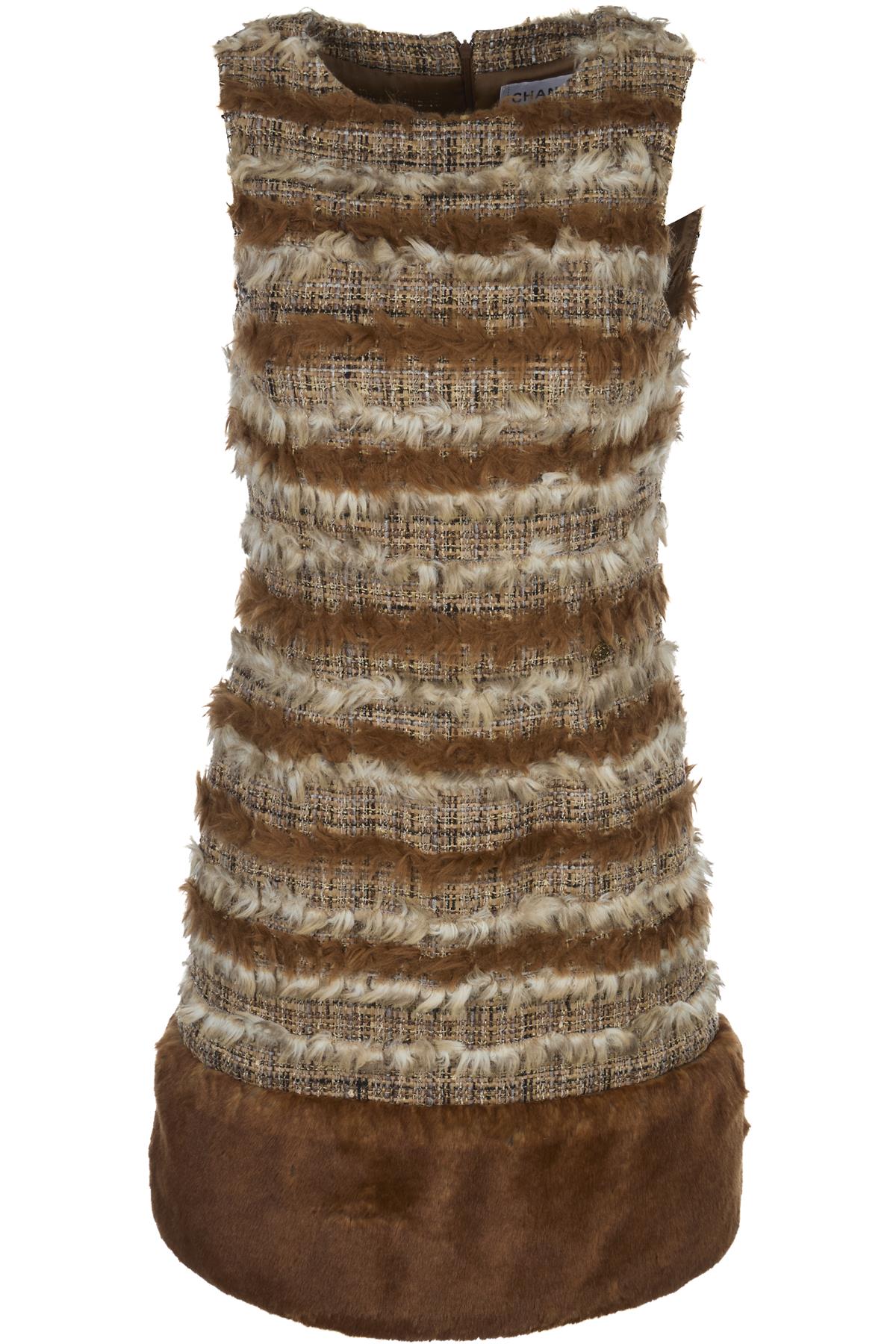 CHANEL BROWN 2010 FAUX FUR AND TWEED MINI DRESS FR 38 UK 10
