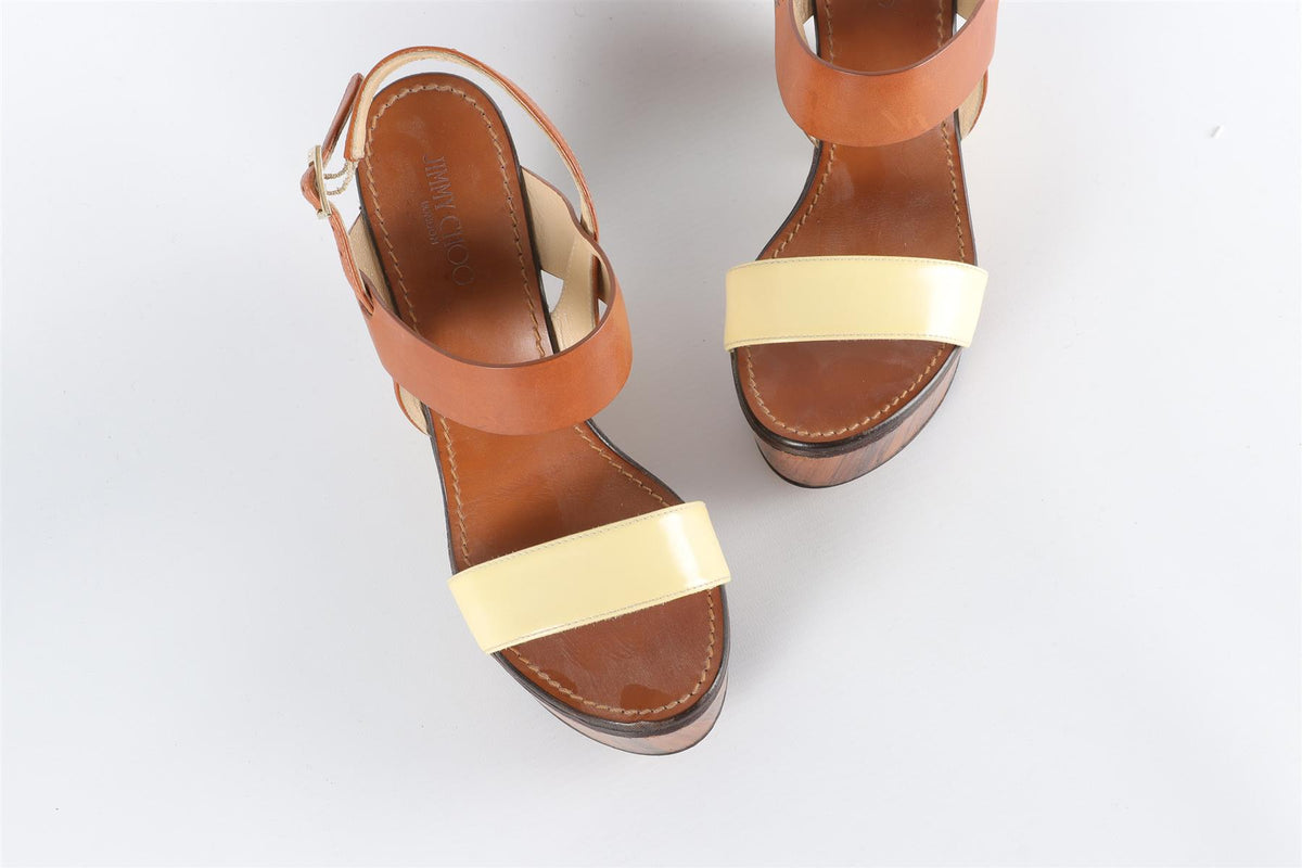 JIMMY CHOO BROWN LEATHER WEDGE SANDALS EU 38.5, UK 5.5, US 8.5