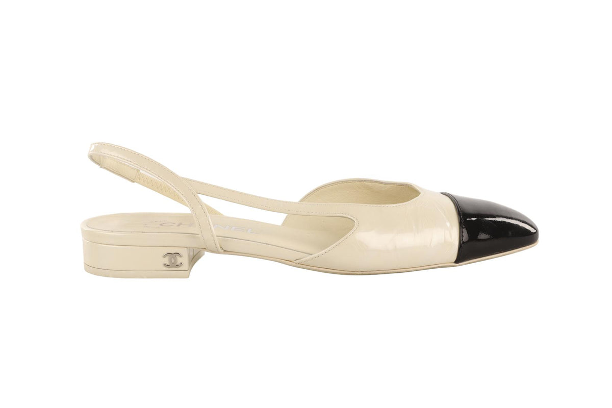 CHANEL IVORY PATENT LEATHER SLINGBACK BALLET FLATS EU 38 UK 5 US 8