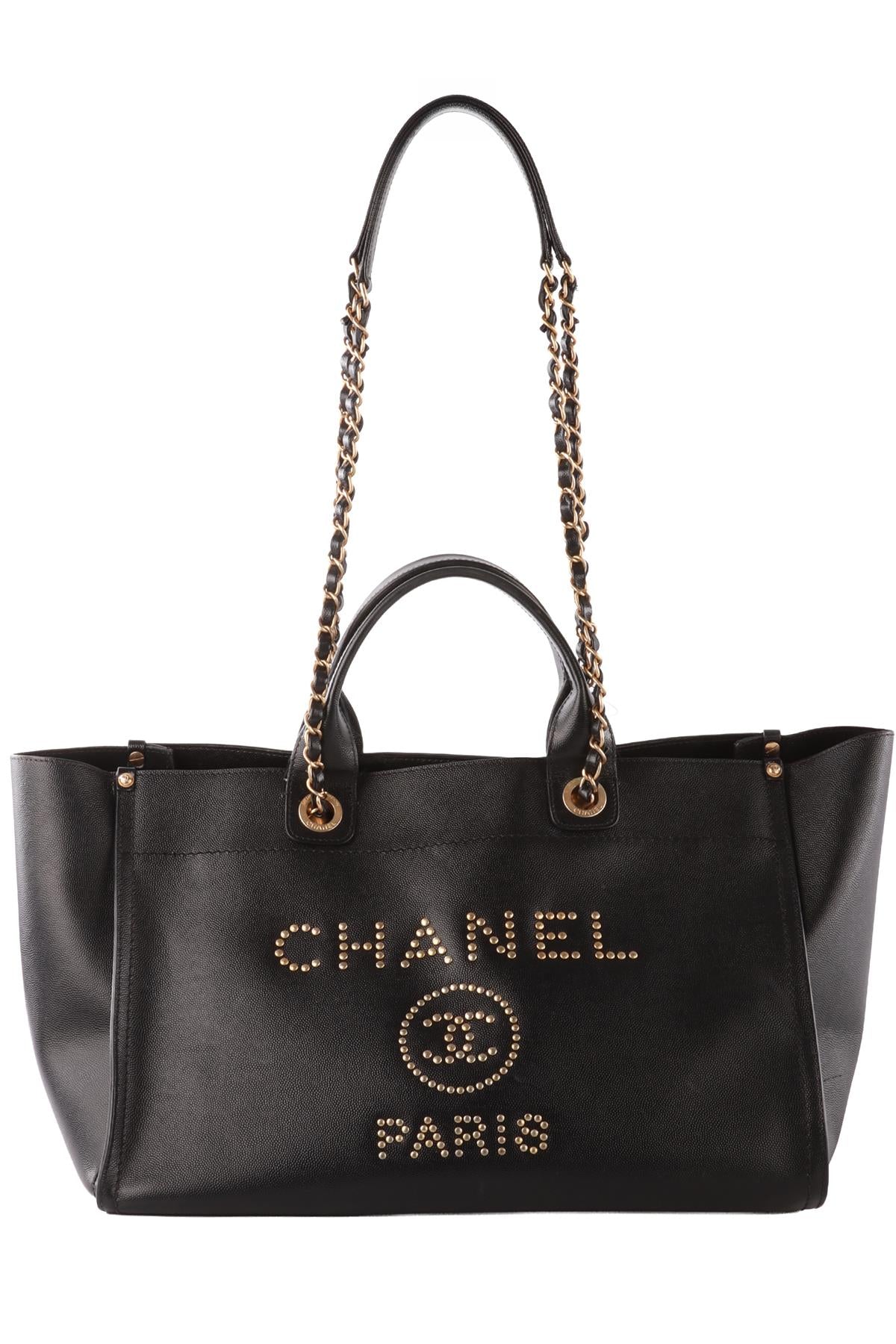 CHANEL BLACK 2019 DEAUVILLE MEDIUM LEATHER TOTE BAG