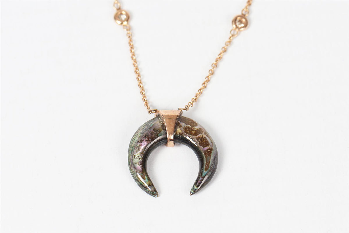 JACQUIE AICHE DOUBLE HORN 14K ROSE GOLD, ABALONE AND PAVE DIAMOND NECKLACE