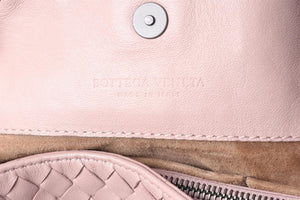 BOTTEGA VENETA PINK DOUBLE CHAIN MEDIUM INTRECCIATO LEATHER TOTE BAG