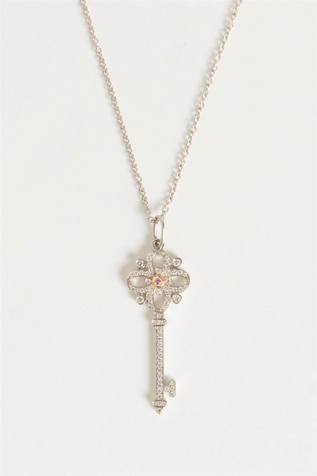 TIFFANY & CO. SILVER PLATINUM WHITE & PINK DIAMOND FLORET KEY NECKLACE