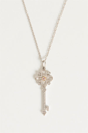 TIFFANY & CO. SILVER PLATINUM WHITE & PINK DIAMOND FLORET KEY NECKLACE
