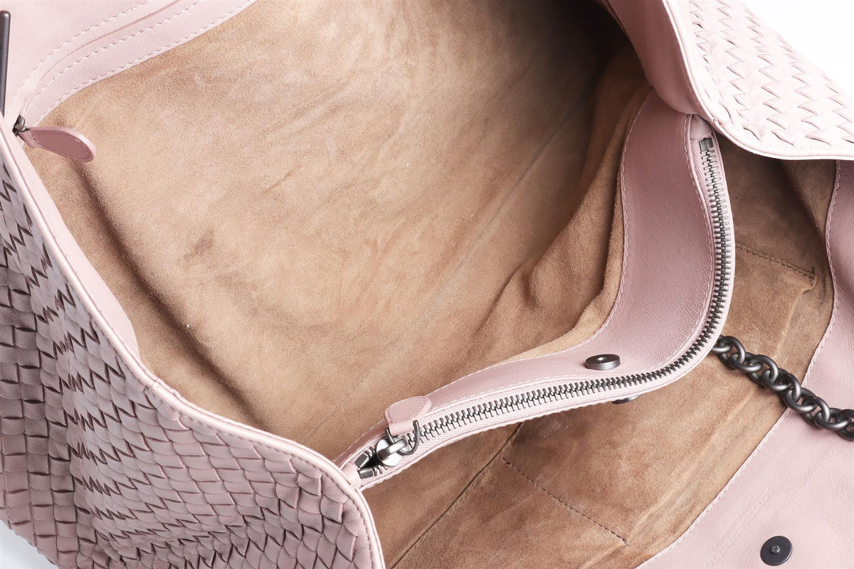 BOTTEGA VENETA PINK DOUBLE CHAIN MEDIUM INTRECCIATO LEATHER TOTE BAG